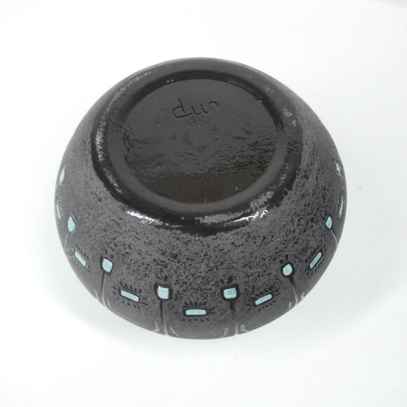 Black Ceramic Bowl Pot w/Blue Squares Geometric Signed Vtg MCM Blackware Native? - Picture 13 of 16